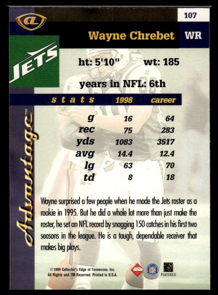1999 Collector's Edge Advantage #107 Wayne Chrebet - Image 2 of 2