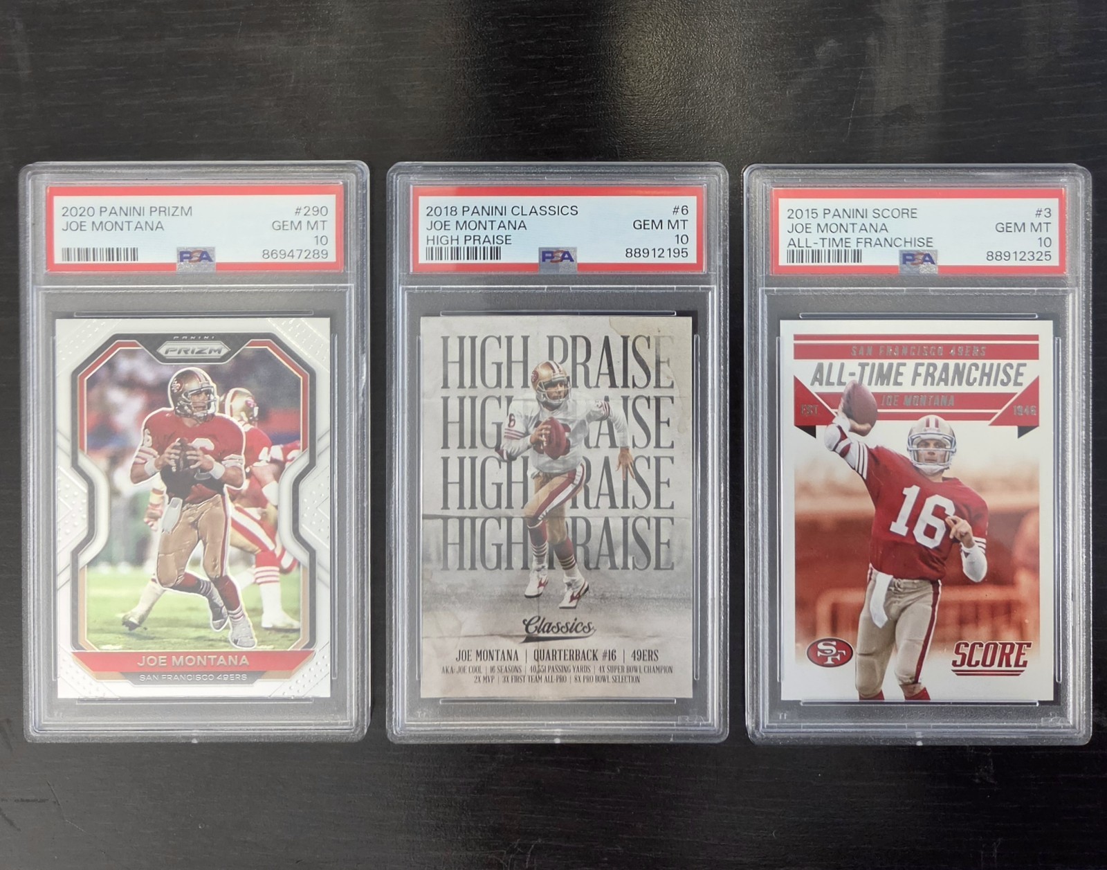 Three Panini Joe Montana PSA 10 Cards (Pops 19, 2, & 22 Respectively) Plus Extra