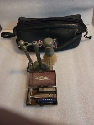 Vintage Shaving Brush & Razor  Stand Plus Gillette Shaving Kit With Leather Bag
