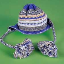 Peruvian Winter Hat Earflap Beanie Blue Striped Wool Blend 