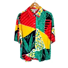 Vintage Carlisle L 100% Silk Unisex Colorblock Short Sleeve Button Up Blouse Top