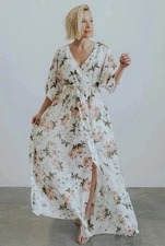 Baltic Born Floral Print Kia Kimono Chiffon Maxi Dress w/Tie Size XXXL 2XL 18 20