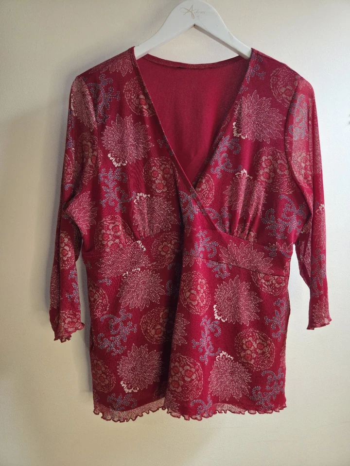 Y2K Festival Floral Sheer Dorothy Perkins Red Mesh Wrap Top UK20 EU48 Boho Goth — 第 2/4 张图片
