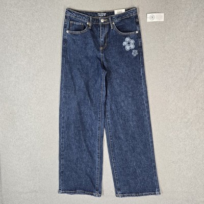 Epic Threads Girls Jeans 14 Blue Denim Embroidered Grunge Wide-Leg Flowers NWT