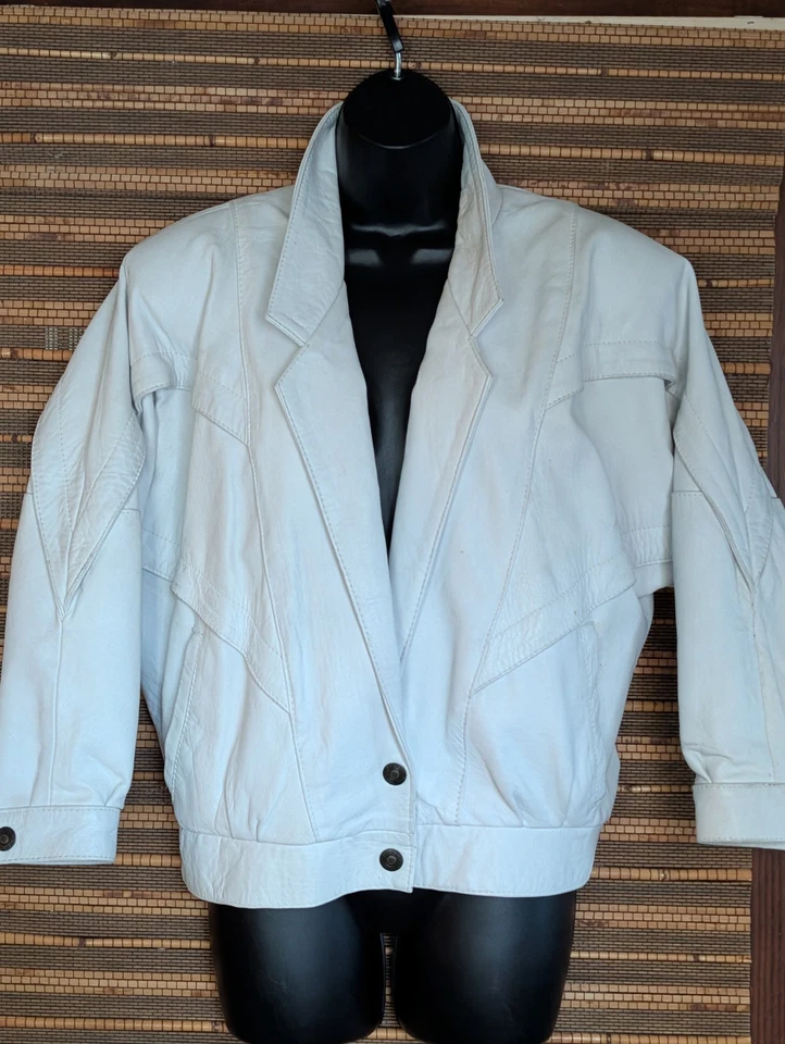 Chaqueta Bomber Vintage Años 80 Para Mujer M Blanco Marfil Cuero Rocker Mangas Dolman Foto 4 de 4