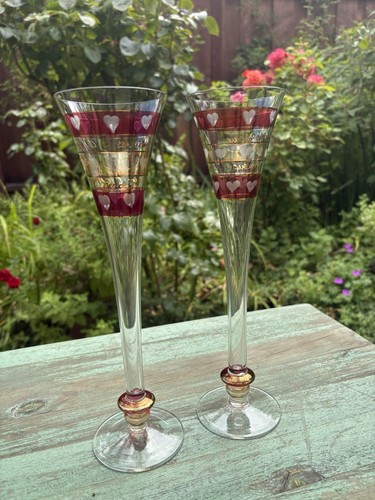 2 Pier 1 l'amour Hand BLOWN CHAMPAGNE Hollow stem flutes Cranberry/Gold Romania - Picture 13 of 22