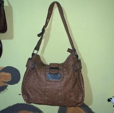 Guess Tan Faux Ostrich Satchel/Shoulder Bag. Silver Tone Hardware.