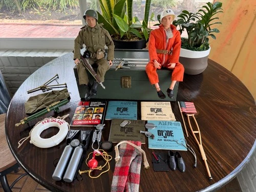 Vintage 12" 1960's Two GI Joe Figures With Foot Locker & Accessories.