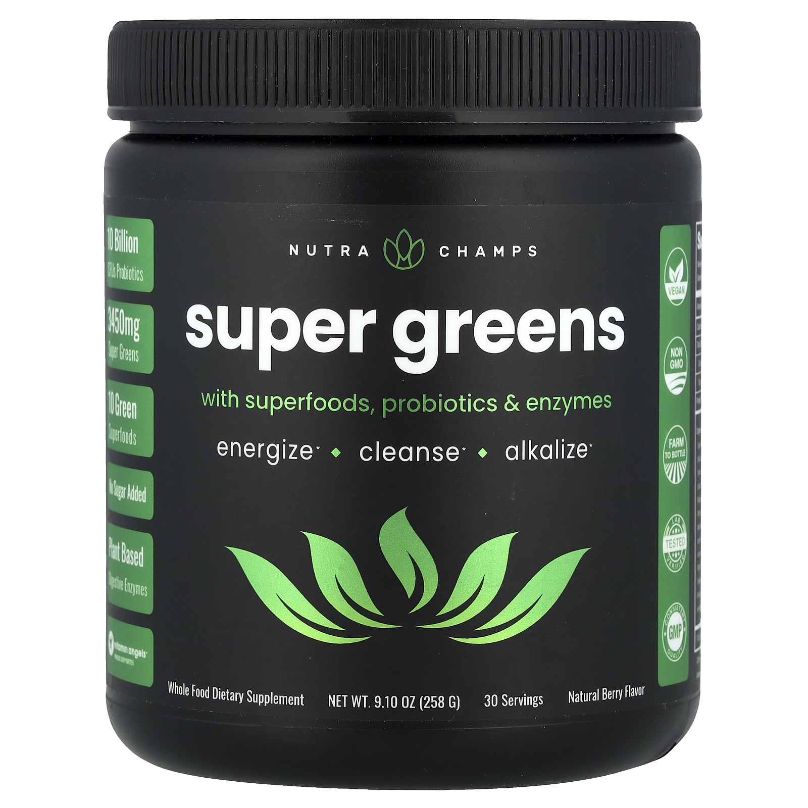 Super Greens With Superfoods, Probiotics - Enzymes, Natural Berry, 9.10 oz (258