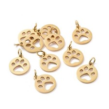 10x Golden 304 Stainless Steel Pendants Flat Round with Dog Paw Prints 14x12mm