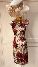Per Una UK 12/14 Pink Mix Floral Print Stretchy Satin Fitted Sleeveless Dress