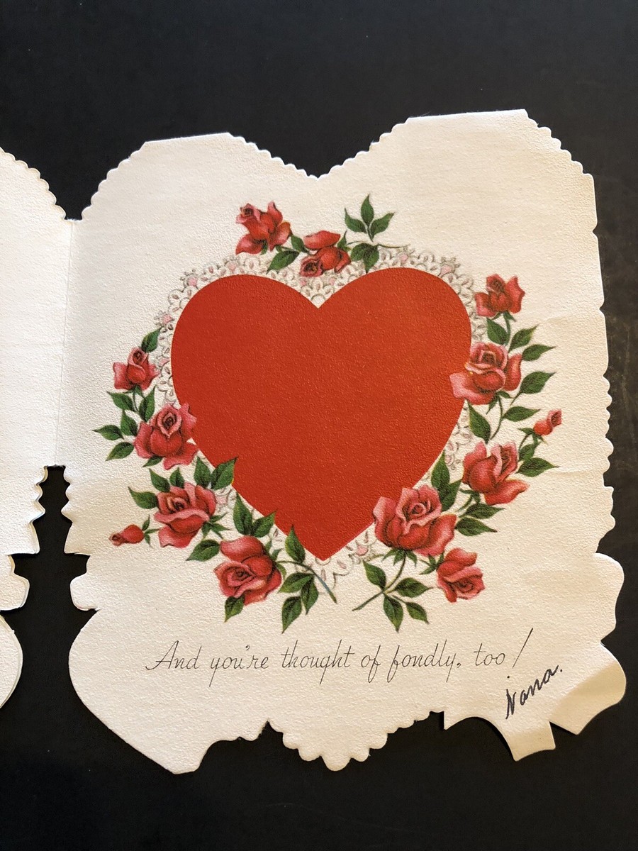 Vintage Valentine Day Card DieCut CUPID ARROW Pink Bow Red Flowers