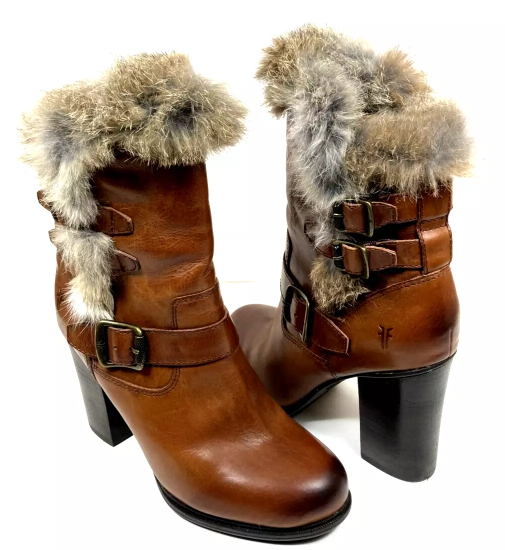 Frye Penny Luxe Women s 7M Moto Leather Authentic Rabbit Fur Boots
