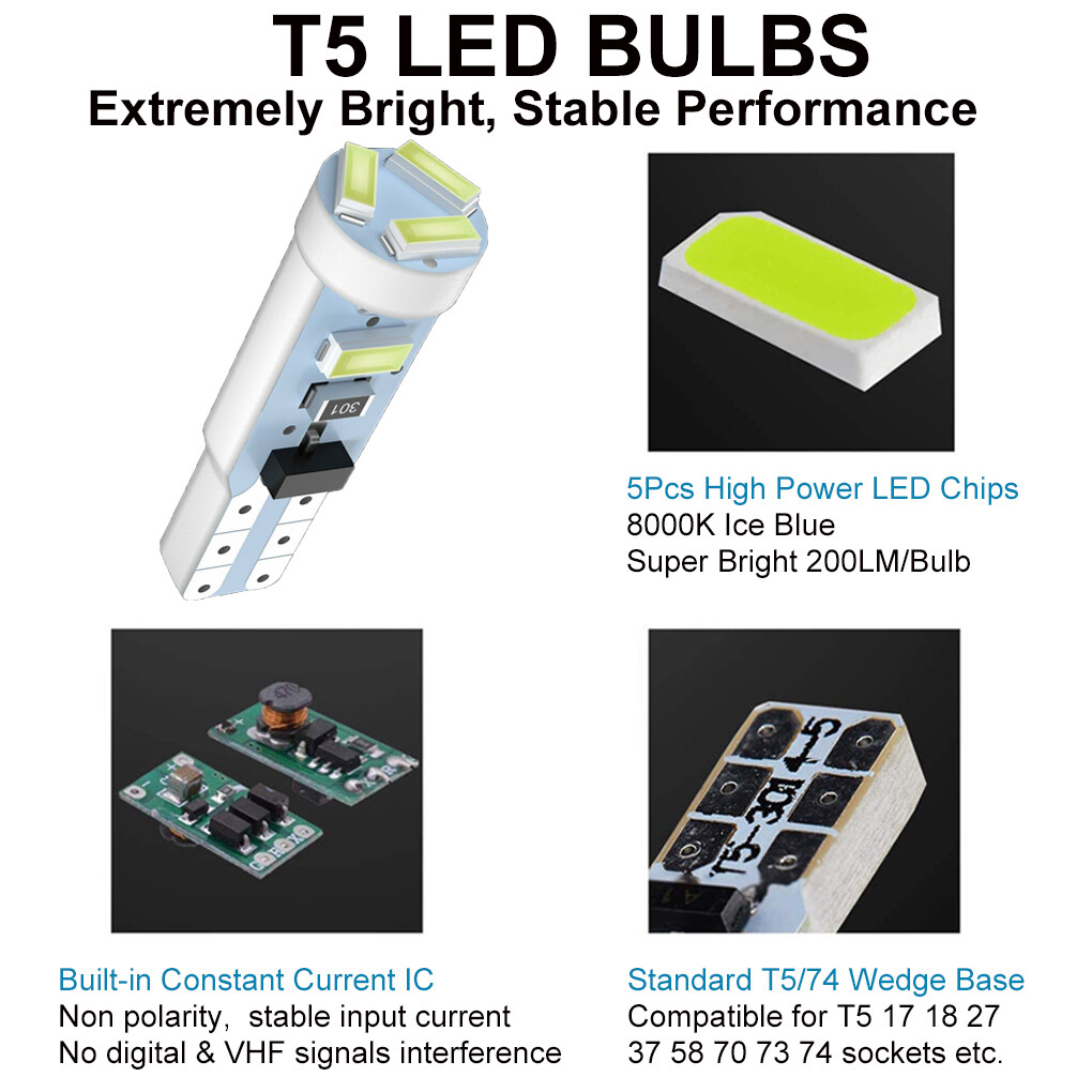 10-Pack Blue T5 74 LED Bulbs For Honda Dashboard & Instrument Cluster - 12V, Twist Socket