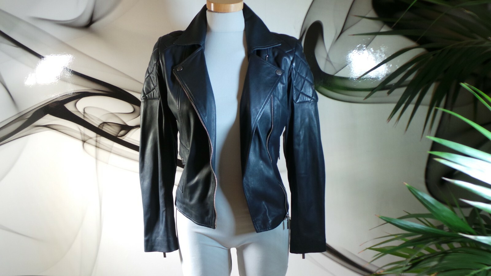 NWOT DESIGNER RARE BLUE Barbour REAL LEATHER FITTED BIKER JACKET COAT SIZE 10 image 2