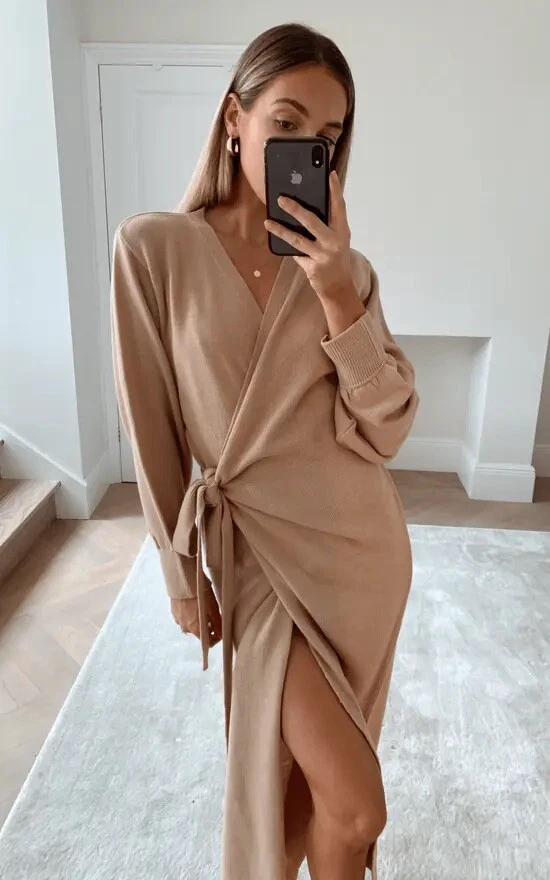 Nude satin long sleeve wrap dress sales
