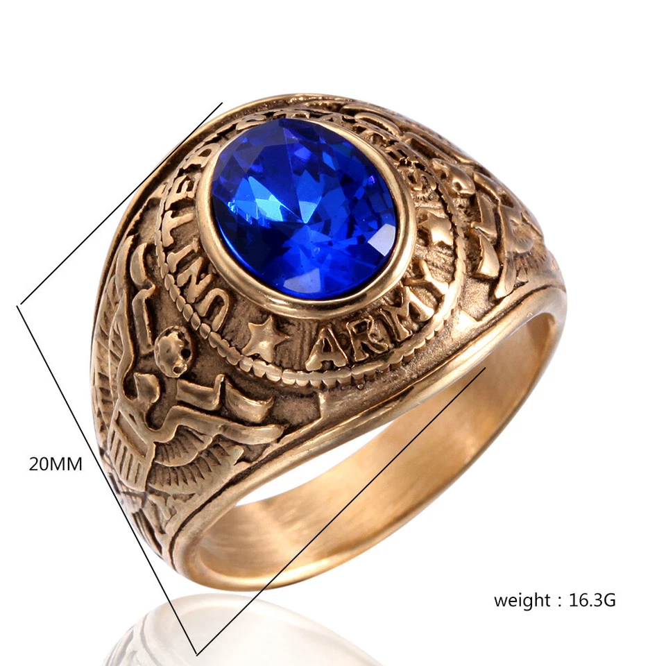 Vintage Blue CZ Eagle US Army Ring Stainless Steel Veteran Ring Gold Size 7-13 - Image 3 of 4