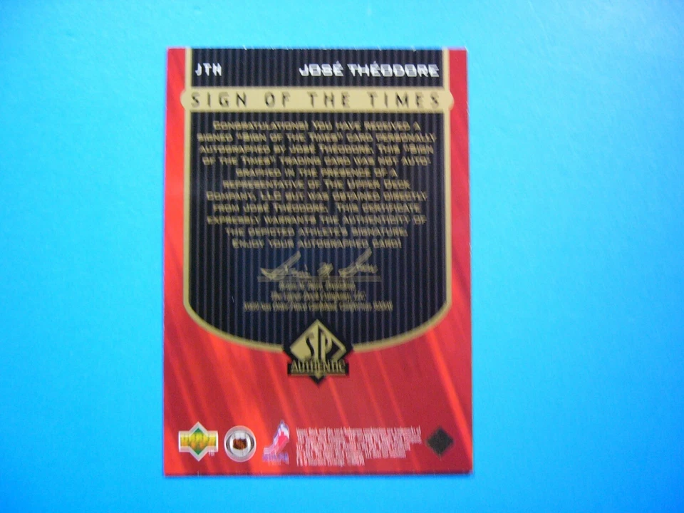1997/98 UPPER DECK SP SIGN OF THE TIMES CARD JTH JOSE THEODORE NM AUTO AUTOGRAPH Foto 2 de 2