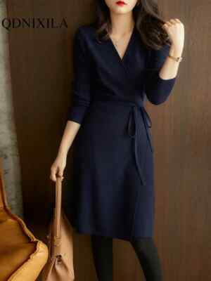Womens Dresses V-neck Dress Women Autumn Winter Clothing Knitted Skirt |  eBay