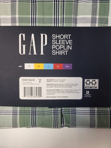 Gap NWT Men's Short Sleeve Button Front Poplin Shirt Green Plaid Size Small - Picture 5 of 5