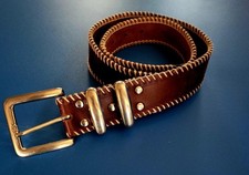 Genuine Leather Brown Belt w Stitched Edge w Silver Metal Buckle Size 36