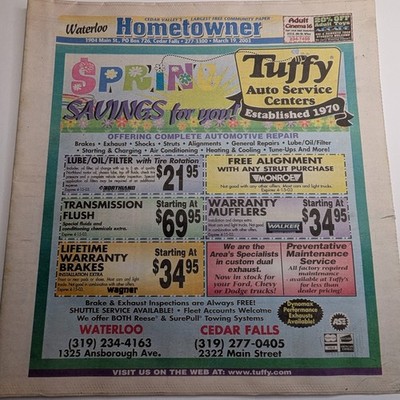 2003 Waterloo Hometowner Newspaper Ad Flyer Tuffy Auto Papa Johns Cedar Falls IA
