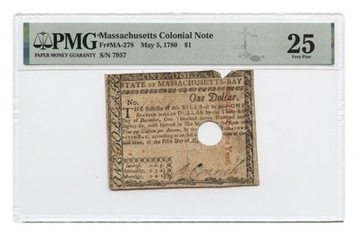 FR. MA-278 May 5, 1780 $1 MA Colonial PMG VF25 (Cancelled, Piece Missing, Prev. 