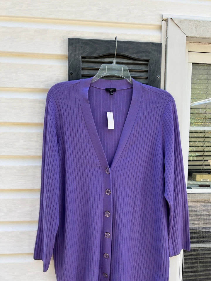 NWT Talbots Pretty Lavender V-Neck Woven Stripe Long Sleeve Cardigan 3X 22W 24W - Image 2 of 4