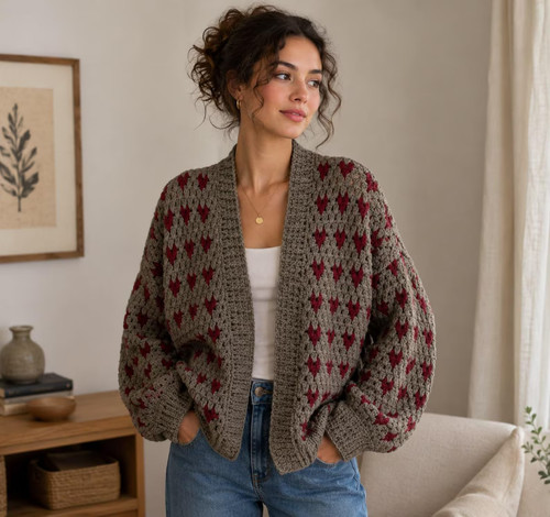 Crochet Heart Cardigan,Handmade Granny Stitch Sweater,Oversized Crochet Cardigan