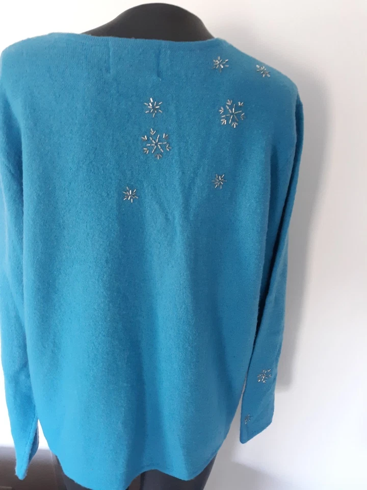 QUACKER FACTORY Vintage Turquoise Blue 100% Wool Zip Up Snowflake Sweater Sz L - Image 4 of 4
