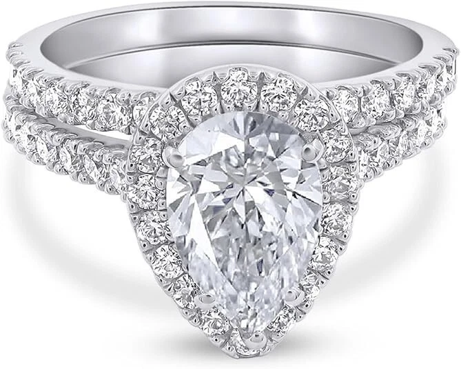 Halo Engagement Ring Set 2 Ct Pear & Round Cut Lab Grown Diamond 14K Gold Plated - Image 2 of 4