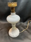 Vintage Electrified Oil Lamp Ribbed Pattern White Milk Glass  13" x 5"