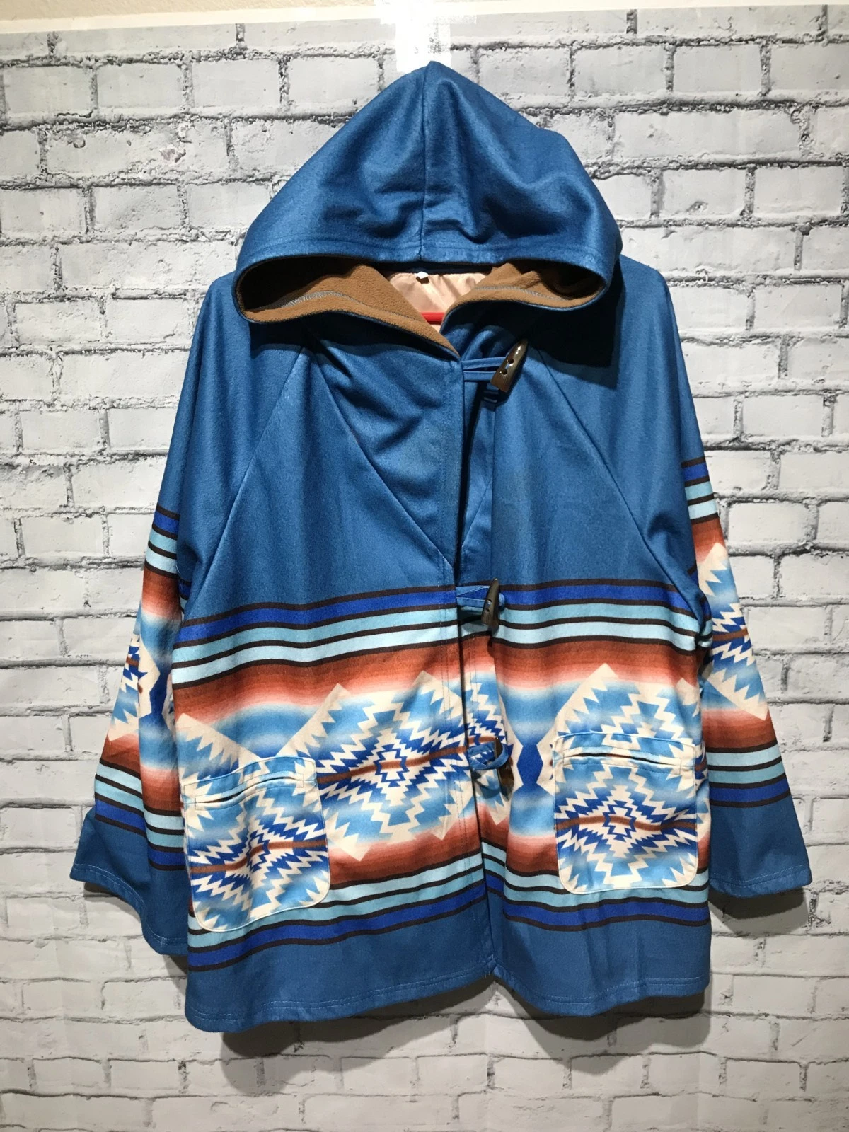 Blue Southwestern Print Oversize Hooded Jacket/Coat/Poncho, Native Style Toggle