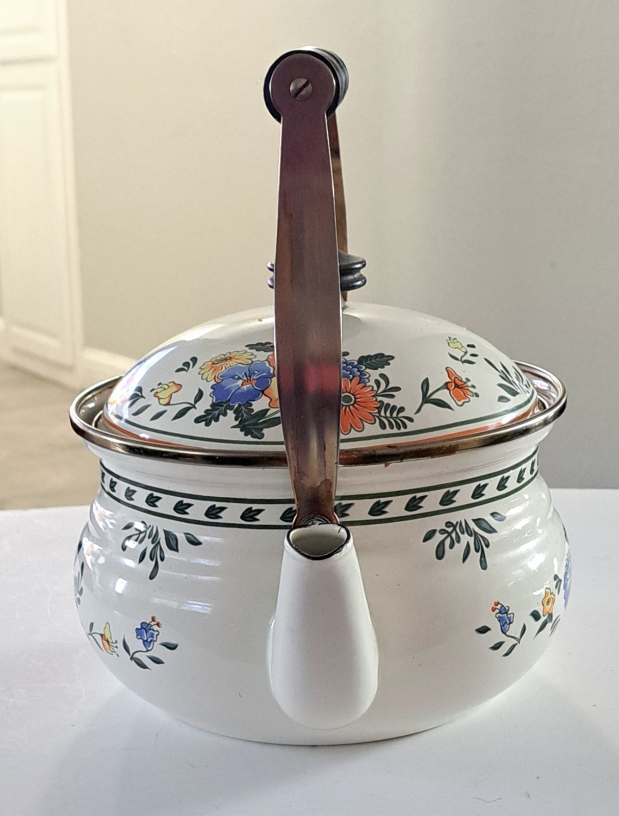 Kamenstein Enamel Floral Tea Kettle Wood Handle Kitchen Vintage Decor 1982