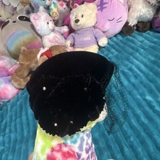 Vintage black Velvet Fascinator Headpiece w/ Mesh Veil Pearl Accents One Size