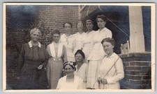 Vtg B&W Snapshot Group Of Women in White Dresses On Brick Porch 1920s