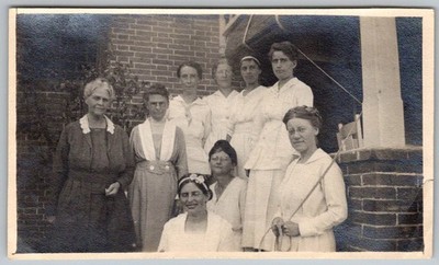 Vtg B&W Snapshot Group Of Women in White Dresses On Brick Porch 1920s
