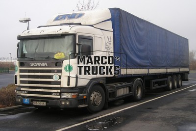 LKW Foto Scania 124L 360 Planensattelzug Albanien weiß LND L S #b5fw