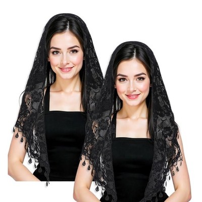 2pcs Black Mass Veil with Fringed Lace Catholic Veils for Women Mass,Vintage Tri