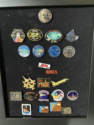 NASA JPL enamel pin lot of 23 vintage & recent pins in display case