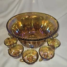 VTG Indiana Glass Harvest Grape Amber Gold Iridescent 12" Punch Bowl Set 11 Cups