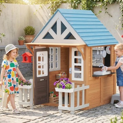 Qaba Outdoor Playhouse with Pet Door, Play Kitchen, Mailbox and Birdhouse
