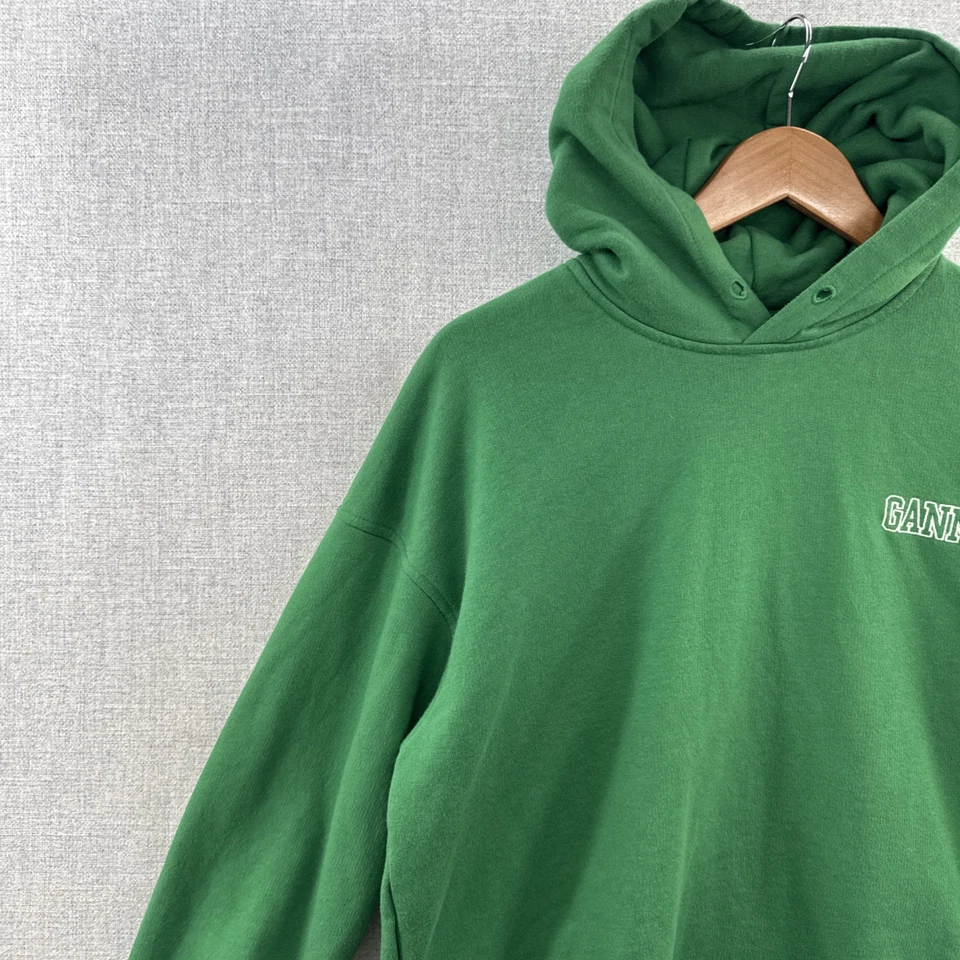 GANNI Hoodie Pullover Medium Green Pockets Sweatshirt French Terry Logo Adult - Image 2 of 4