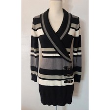Vintage Say What? Y2K 90s Black Striped Collar Buckle Accent Sweater Dress M