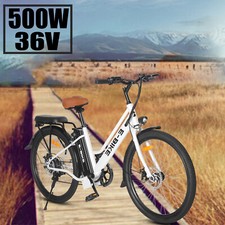 500W 26'' White Electric Bike 7 Speed Fat Tire E-bike Snow Beach City Bicycle