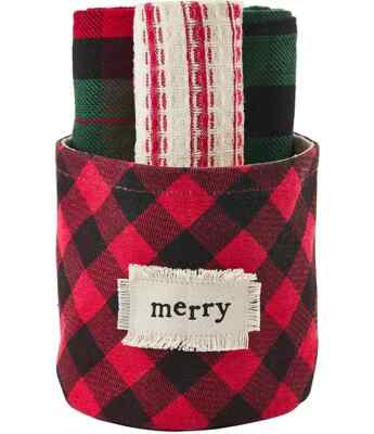 Mud Pie Holiday Christmas Merry Red Check Towel Bucket Set NWT