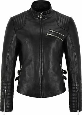 Women's Leather Jacket Moto Genuine Lambskin Black Biker Style Casual Wear Coat