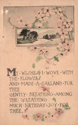 Wishes Anemone Flowers Landscape With Message Greetings Vintage Postcard 1914