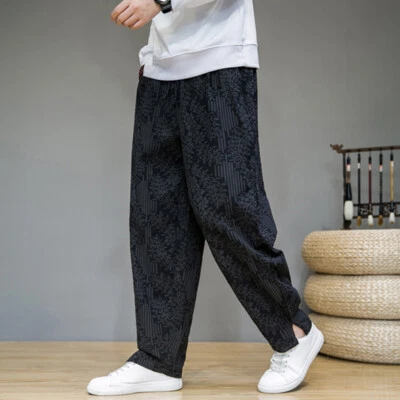 Herren Ethnisch Leinen Mischung Blumen Jogginghosen Freizeit Gummibund Lang Hose - Bild 1 von 4
