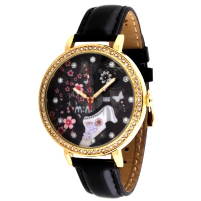 Elegant Lady Theme Fashion Watch | 3D Crystal Rhinestone Black Flower Analog